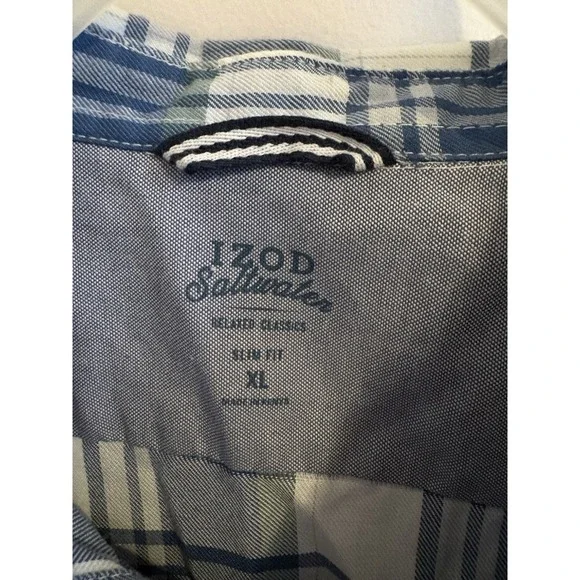IZOD Saltwater Plaid Shirt Men XL Blue Green Coastal Button‎ Down Cotton - Picture 4 of 7